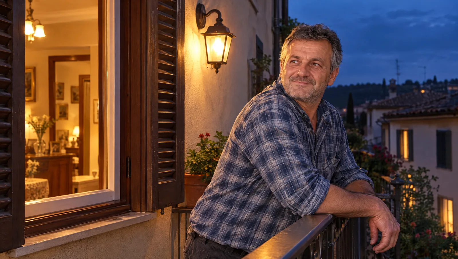 Franco sul balcone, la casa tutta accesa dietro di lui